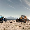 Two Off-Road Vehicles Parked On Scenic Rocky Ground With Mountains And Sky