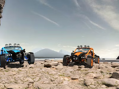 Two Off-Road Vehicles Parked On Scenic Rocky Ground With Mountains And Sky 3d model