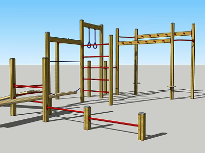 Outdoor Wooden Sports Training Equipment With Red Bars Climbing Frames And Balance Poles 3d model