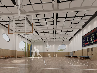 Basketball Gym Interior With Wooden Floor Basketball Hoops Round Windows And Scoreboard 3d model
