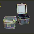 Transparent Square Equipment Boxes With Colorful Borders Open Lid Internal Layers On Reflective Black Background