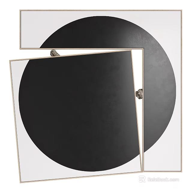 Two Black Circular Abstract Paintings With Gold Frames And Partially Overlapping Design 3d model 
