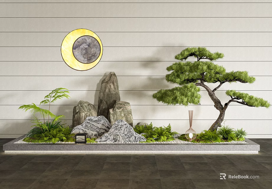 Japanese Zen Courtyard Garden With Rockery Pine Tree Moon Decoration And Green Plants 3d model 