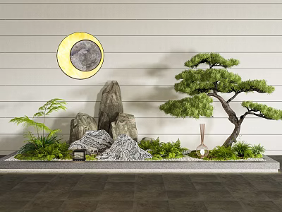 Japanese Zen Courtyard Garden With Rockery Pine Tree Moon Decoration And Green Plants 3d model