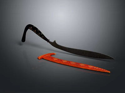Ancient Weapons Featuring Black Curved Blade With Decorative Handle And Red Dagger With Carved Patterns 3d model