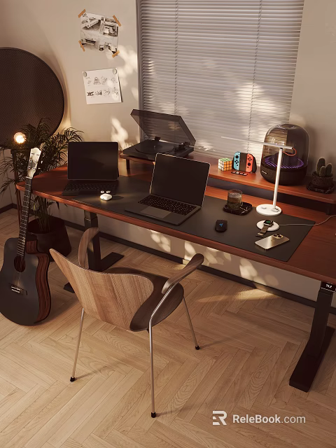 Modern Wooden Desk Setup With Two Laptops Desk Lamp Potted Plant And Guitar 3d model 