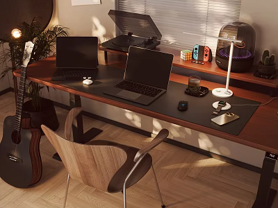 Modern Wooden Desk Setup With Two Laptops Desk Lamp Potted Plant And Guitar 3d model