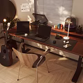 Modern Wooden Desk Setup With Two Laptops Desk Lamp Potted Plant And Guitar