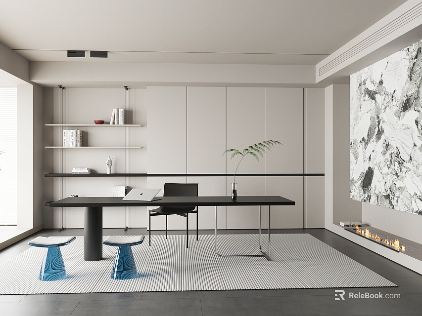 Modern Study Room Interior With White Cabinets Black Desk Blue Stools And Marble Painting 3d model 