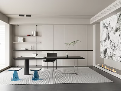 Modern Study Room Interior With White Cabinets Black Desk Blue Stools And Marble Painting 3d model