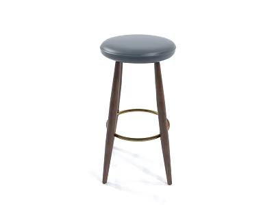 Modern Bar Stool With Gray Leather Cushion And Wooden Legs Brass Ring Design 3d model