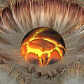 Glowing Central Lava Sphere Art Installation With Radiating Rock Textures And Warm Tones