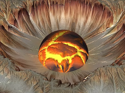 Glowing Central Lava Sphere Art Installation With Radiating Rock Textures And Warm Tones 3d model