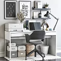 Home Office White Desk And Grey Chair Featuring Printer Laptop Lamp Wall Shelves With Frames