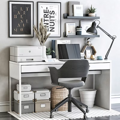 Home Office White Desk And Grey Chair Featuring Printer Laptop Lamp Wall Shelves With Frames 3d model