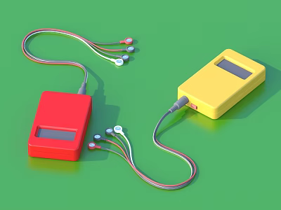 Red And Yellow Portable Audio Players With Headphone Cables And Display Screens 3d model