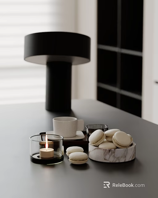 Decorative Ornament Set With Black Lamp White Cup Lit Candle And Macarons On Marble Base 3d model 