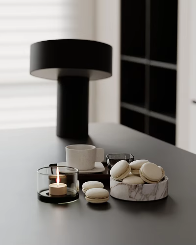 Decorative Ornament Set With Black Lamp White Cup Lit Candle And Macarons On Marble Base 3d model