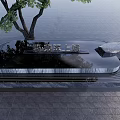 Modern Water Fountain Geometric Design With Tree And Stone Reflective Water Surface On Paved Ground