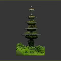 Detailed Small Decorative Multi Tiered Garden Fountain Model With Green Grass Landscape Base
