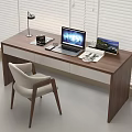 Wooden Desk with Laptop Books and Table Lamp Near Light Colored Chair by Window Blinds
