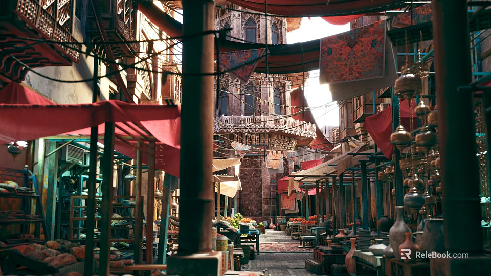 Traditional Outdoor Restaurant With Market Street Ambiance Red Canopies Hanging Carpets And Wooden Tables 3d model 