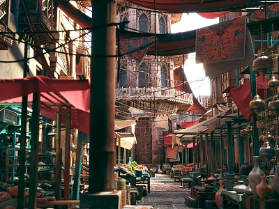Traditional Outdoor Restaurant With Market Street Ambiance Red Canopies Hanging Carpets And Wooden Tables 3d model