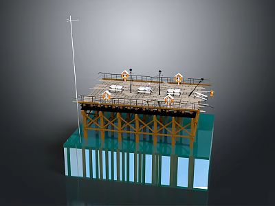 Cartoon Scenario Of Offshore Platform With Wooden Structure Blue Water Base And Deck Equipment 3d model