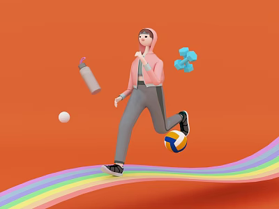 Game Movie Character In Pink Hoodie Running On Rainbow With Dumbbells Spray Bottle And Balls 3d model