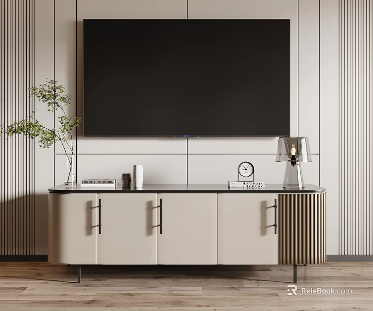 Modern TV Stand With Beige Cabinets Metal Handles Table Lamp Clock And Green Plant 3d model 