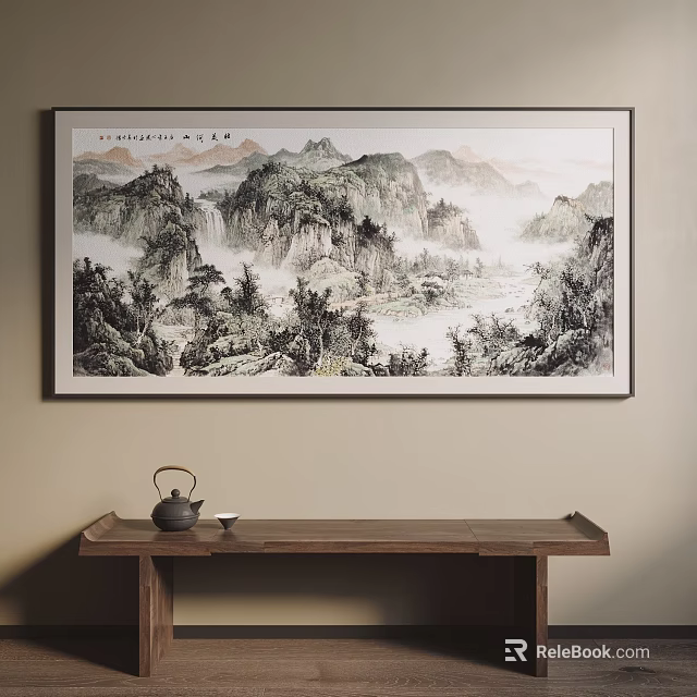 Chinese Traditional Landscape Painting Hanging On Wall With Wooden Table Teapot And Teacup 3d model 