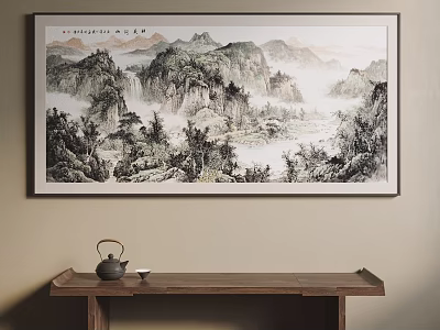 Chinese Traditional Landscape Painting Hanging On Wall With Wooden Table Teapot And Teacup 3d model