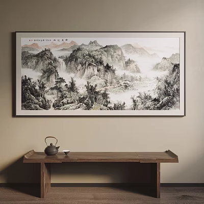 Chinese Traditional Landscape Painting Hanging On Wall With Wooden Table Teapot And Teacup 3d model