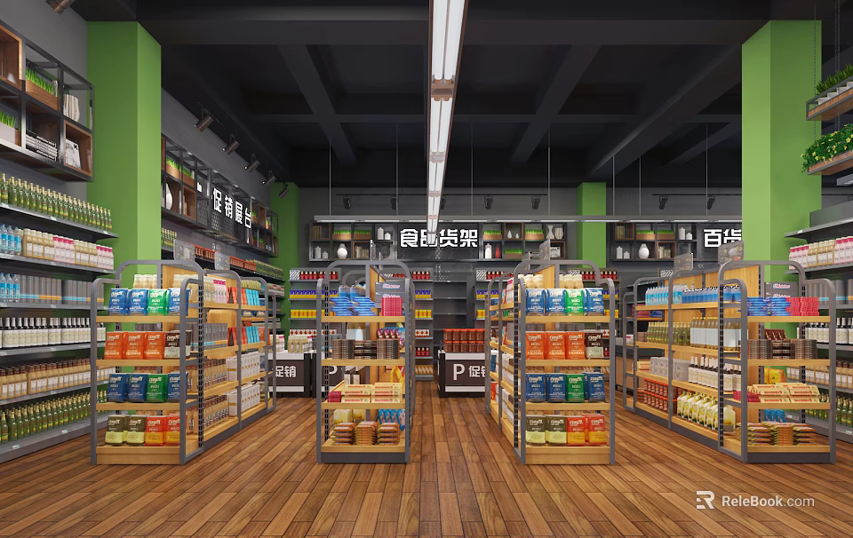 Supermarket General Merchandise Interior With Organized Shelves Various Products Green Pillars And Wooden Flooring 3d model 
