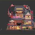 Traditional Japanese Multi story Building Model with Red Structure and Decorative Elements