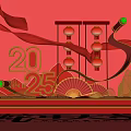 2025 Year of the Snake Red Theme with Traditional Lanterns Folding Fans and Ribbons Decorative