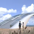 Scenic White Curved Observation Deck With Glass Railing Over Water And Standing Person