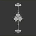 3D Rendered Metallic Mechanical Device With Elongated Parts And Support Stand Structure