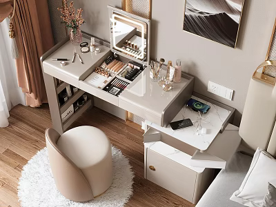 Elegant Modern Vanity Table With Cosmetics Mirror Storage Cabinet And White Stool Interior 3d model