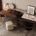 Dual Dressing Tables With Round Rectangular Mirrors Accent Chair Stool Wooden Table Lamp Beige Wall