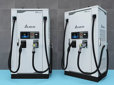 Two Delta Electric Vehicle Chargers With White Body Display Screen And Charging Cables 3d model