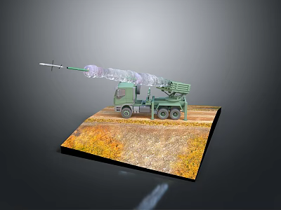 Green Military Tank With Missile Launcher Parked On Yellow Grass Platform Gray Background 3d model