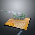 Green Military Tank With Missile Launcher Parked On Yellow Grass Platform Gray Background