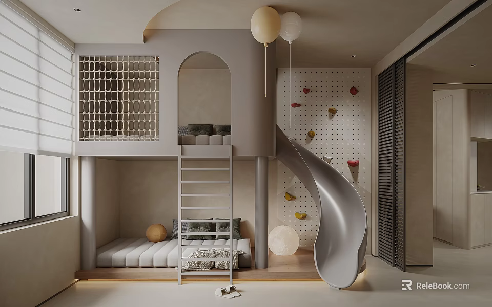 Fun Kids Room Interior With Bunk Bed Slide Climbing Wall And Balloons 3d model 