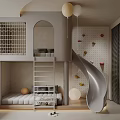 Fun Kids Room Interior With Bunk Bed Slide Climbing Wall And Balloons