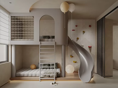 Fun Kids Room Interior With Bunk Bed Slide Climbing Wall And Balloons 3d model