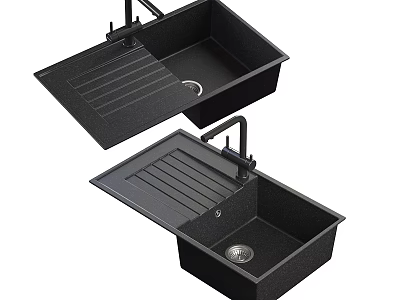 Black Quartz Kitchen Sink With Single Bowl Faucet And Drainboard Cover 3d model