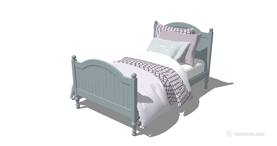 Traditional Light Blue Single Bed With Plaid Quilt And Decorative Pillows 3d model 