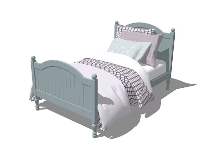 Traditional Light Blue Single Bed With Plaid Quilt And Decorative Pillows 3d model