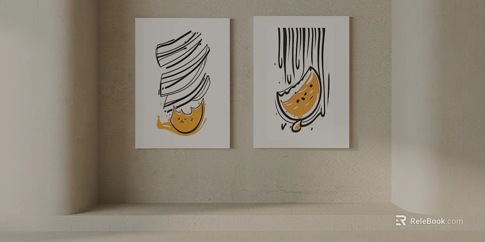 Abstract Fruit Themed Wall Art With White Frames On Light Background 3d model